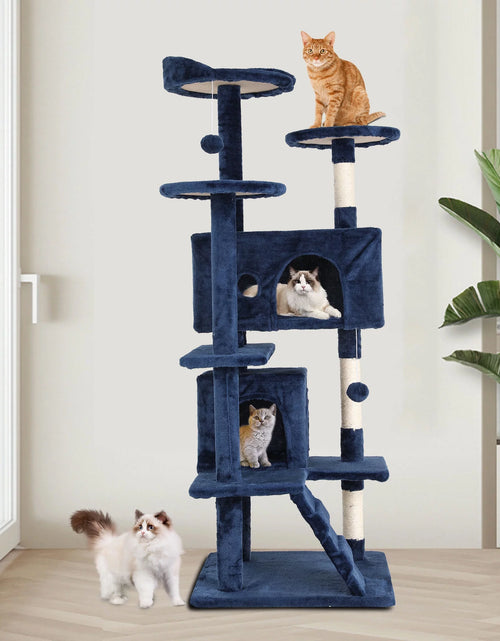 Load image into Gallery viewer, 54-In Double Condo Cat Tree Tower Playhouse with Scratching Post &amp; Perch for Indoor, Navy Blue
