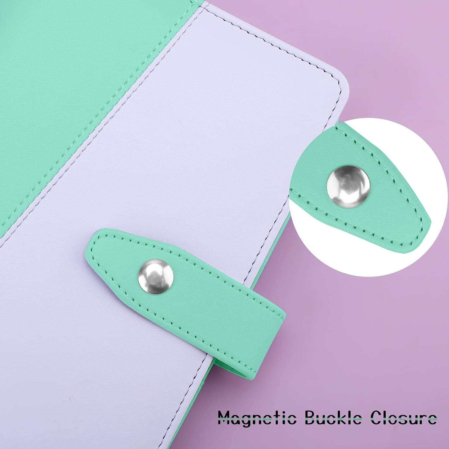 A6 PU Leather Notebook Binder Refillable 6 Ring Binder for A6 Filler Paper, Loose Leaf Personal Planner Binder Cover with Magnetic Snap Closure, Light Green and White