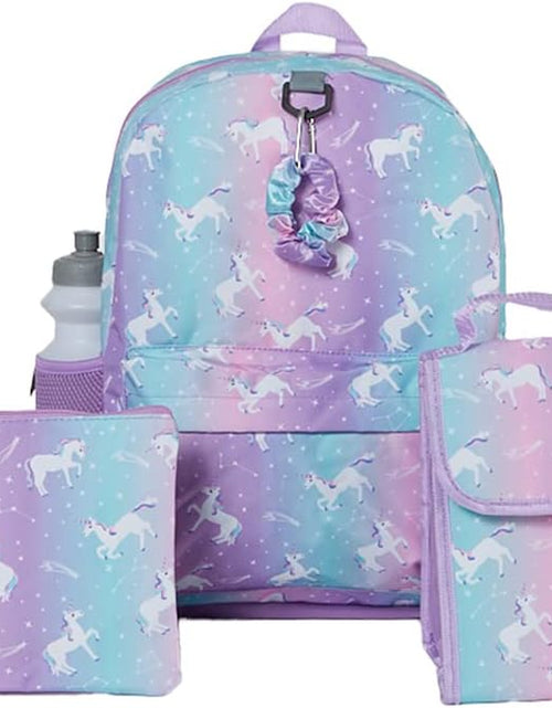 Load image into Gallery viewer, Unicorn Backpack Set for Girls, 16 Inch, 6 Pieces - Includes Foldable Lunch Bag, Water Bottle, Scrunchie, &amp; Pencil Case
