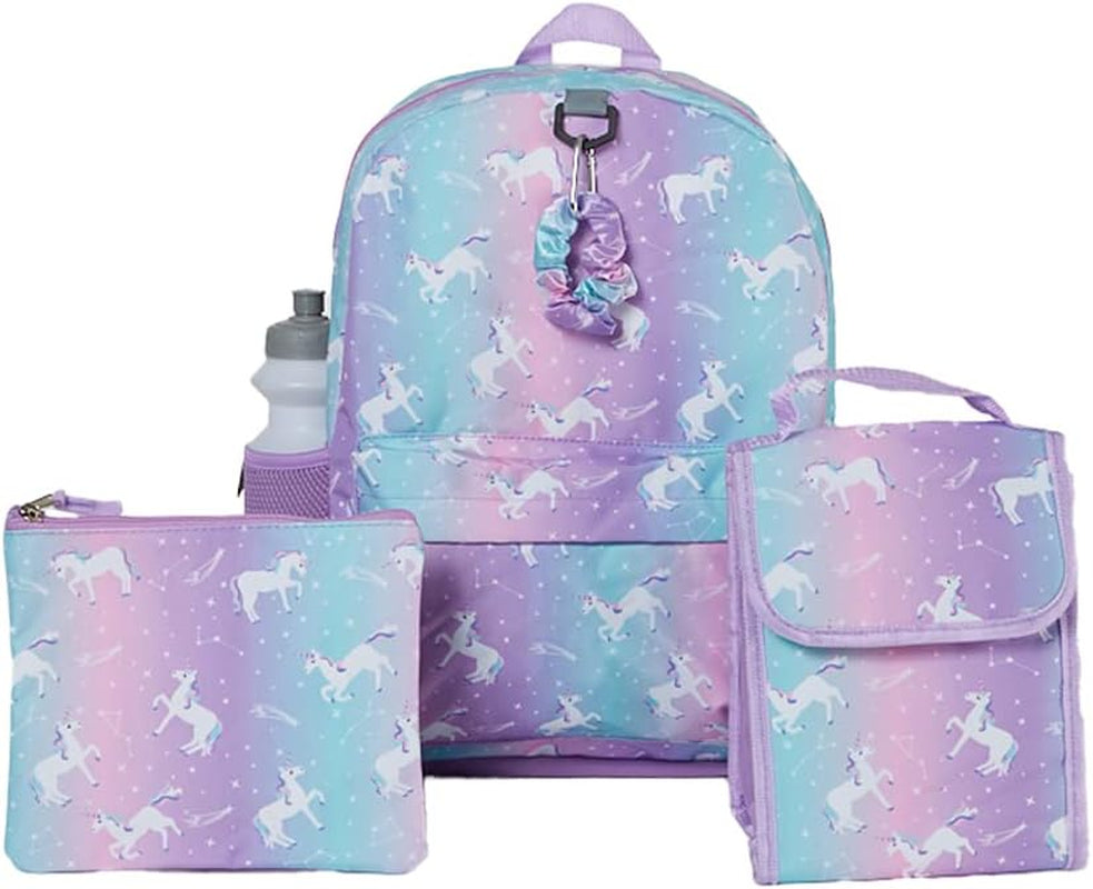 Unicorn Backpack Set for Girls, 16 Inch, 6 Pieces - Includes Foldable Lunch Bag, Water Bottle, Scrunchie, & Pencil Case