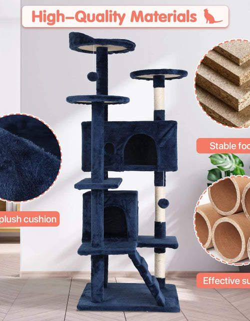 Load image into Gallery viewer, 54-In Double Condo Cat Tree Tower Playhouse with Scratching Post &amp; Perch for Indoor, Navy Blue
