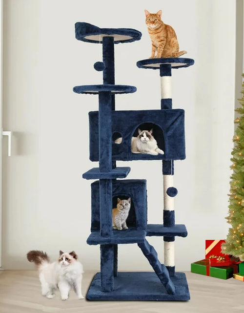 Load image into Gallery viewer, 54-In Double Condo Cat Tree Tower Playhouse with Scratching Post &amp; Perch for Indoor, Navy Blue
