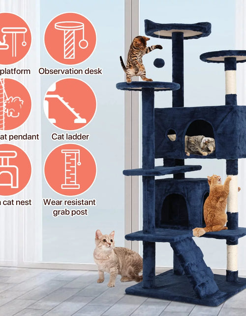 Load image into Gallery viewer, 54-In Double Condo Cat Tree Tower Playhouse with Scratching Post &amp; Perch for Indoor, Navy Blue
