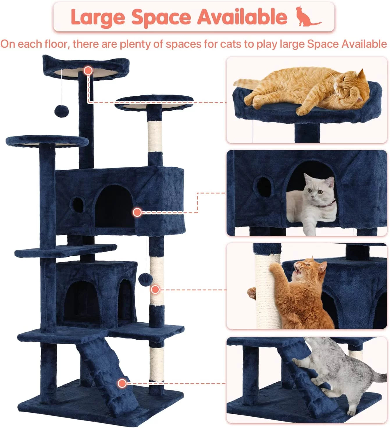 54-In Double Condo Cat Tree Tower Playhouse with Scratching Post & Perch for Indoor, Navy Blue