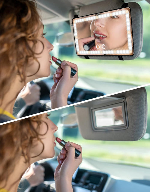 Load image into Gallery viewer, Car Sun Visor Vanity Mirror, Makeup Mirror with 3 Light Modes &amp; 60 Leds, Rechargeable Led Light Car Mirror with Dimmable Touch Screen, Rear View Sun-Shading Travel Cosmetic Mirror for Car Truck SUV
