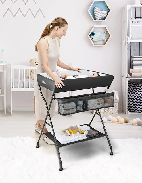 Load image into Gallery viewer, Baby Changing Table, Folding Diaper Station Portable Nursery Organizer with Safety Belt and Large Storage Racks for Newborn Baby and Infant (Black)
