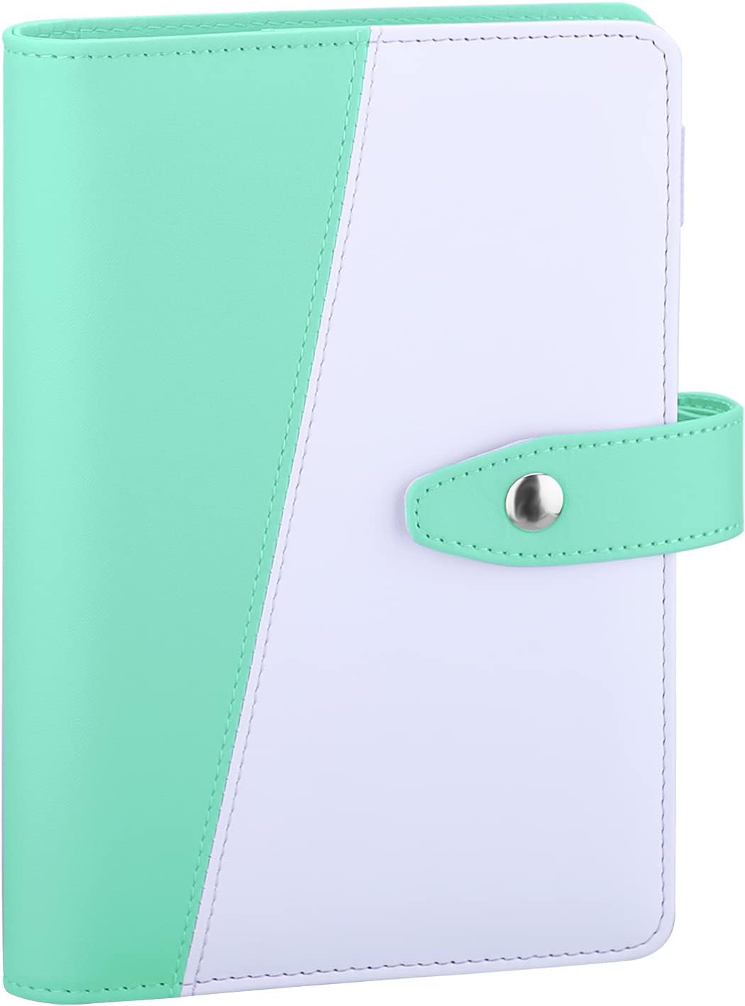 A6 PU Leather Notebook Binder Refillable 6 Ring Binder for A6 Filler Paper, Loose Leaf Personal Planner Binder Cover with Magnetic Snap Closure, Light Green and White