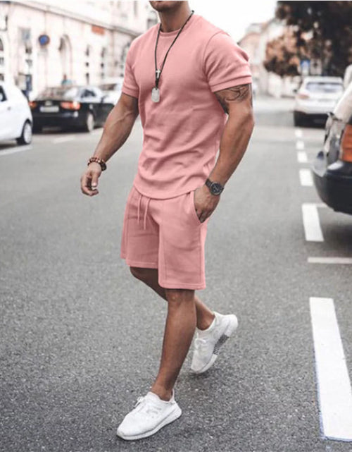 Load image into Gallery viewer, Men 2 Piece Outfits Summer Casual Crew Neck Muscle Short Sleeve Shirt and Classic Fit Sport Shorts Set Tracksuit
