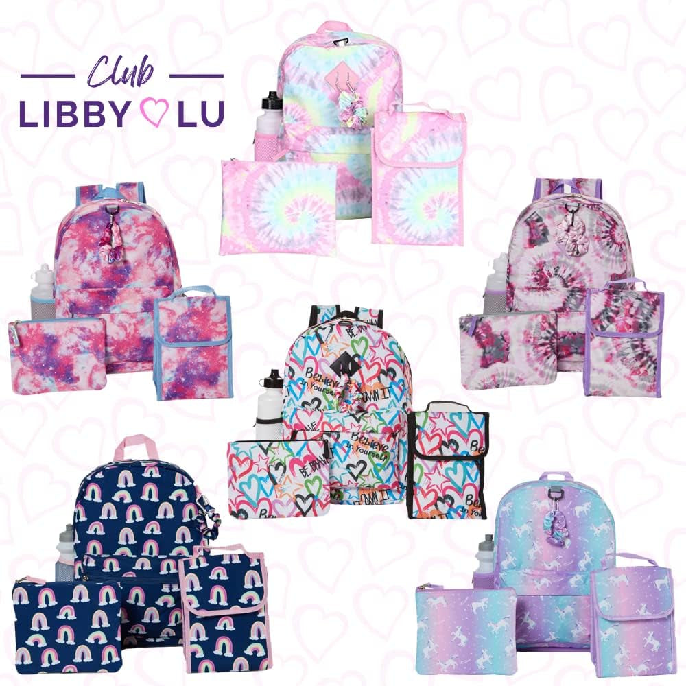 Unicorn Backpack Set for Girls, 16 Inch, 6 Pieces - Includes Foldable Lunch Bag, Water Bottle, Scrunchie, & Pencil Case