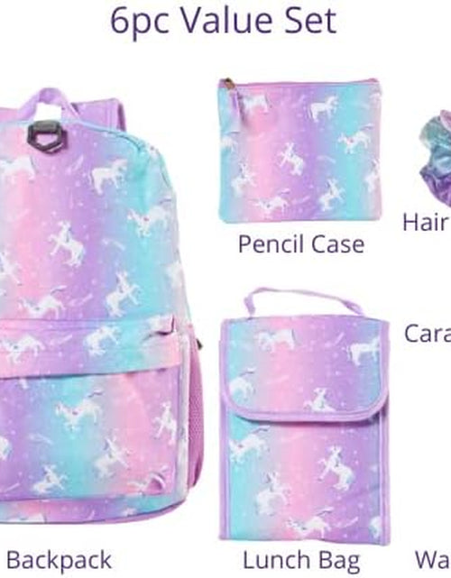 Load image into Gallery viewer, Unicorn Backpack Set for Girls, 16 Inch, 6 Pieces - Includes Foldable Lunch Bag, Water Bottle, Scrunchie, &amp; Pencil Case
