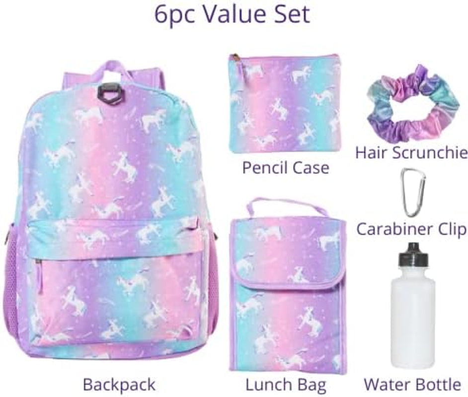 Unicorn Backpack Set for Girls, 16 Inch, 6 Pieces - Includes Foldable Lunch Bag, Water Bottle, Scrunchie, & Pencil Case