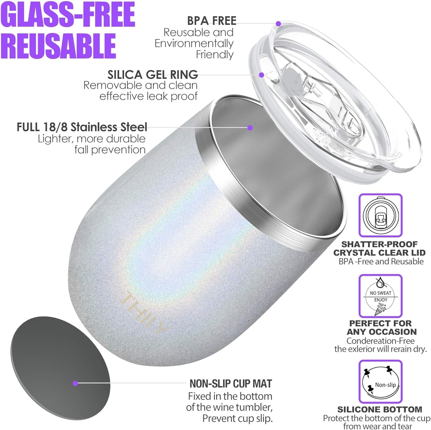 Vacuum Insulated Travel Wine Tumbler Stainless Steel 12 Oz Stemless Wine Glass with Sliding Lid, Reusable Straw, Keep Cold for Cocktail, Beer, Christmas Gifts, Glitter White