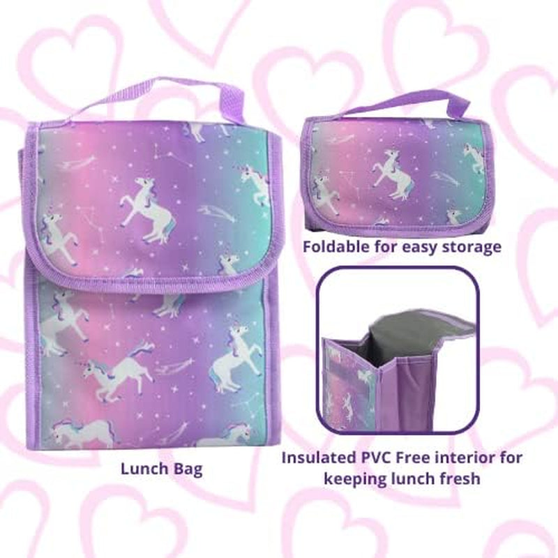 Unicorn Backpack Set for Girls, 16 Inch, 6 Pieces - Includes Foldable Lunch Bag, Water Bottle, Scrunchie, & Pencil Case