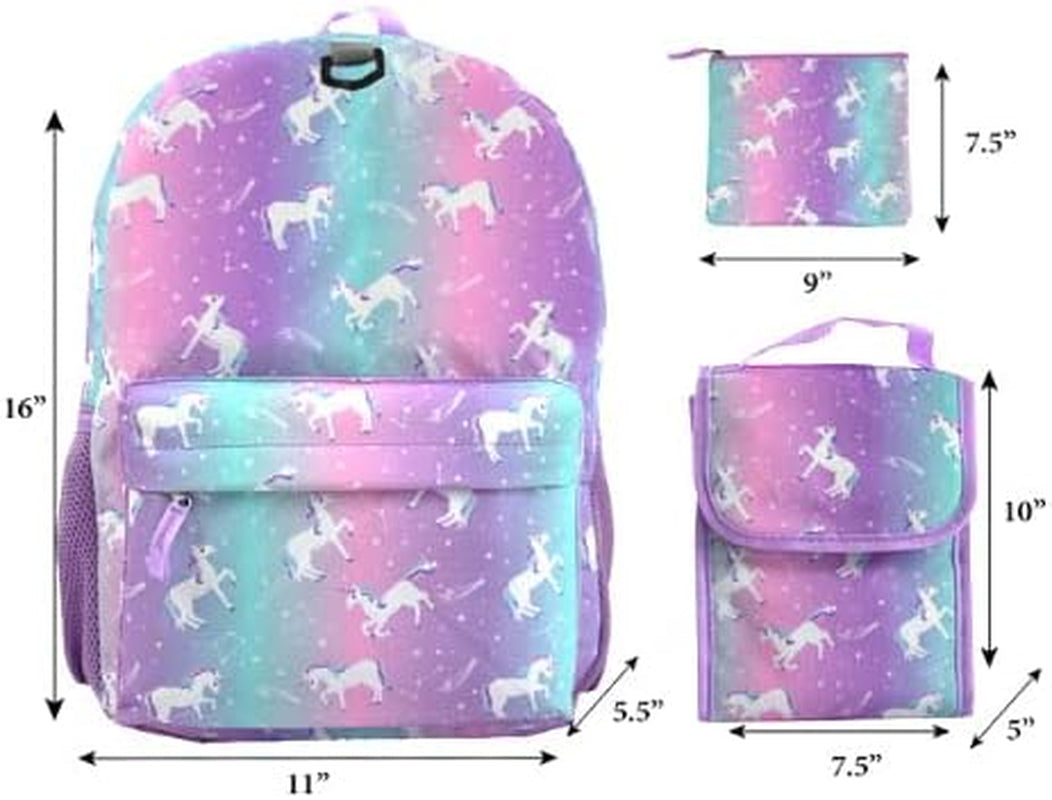 Unicorn Backpack Set for Girls, 16 Inch, 6 Pieces - Includes Foldable Lunch Bag, Water Bottle, Scrunchie, & Pencil Case