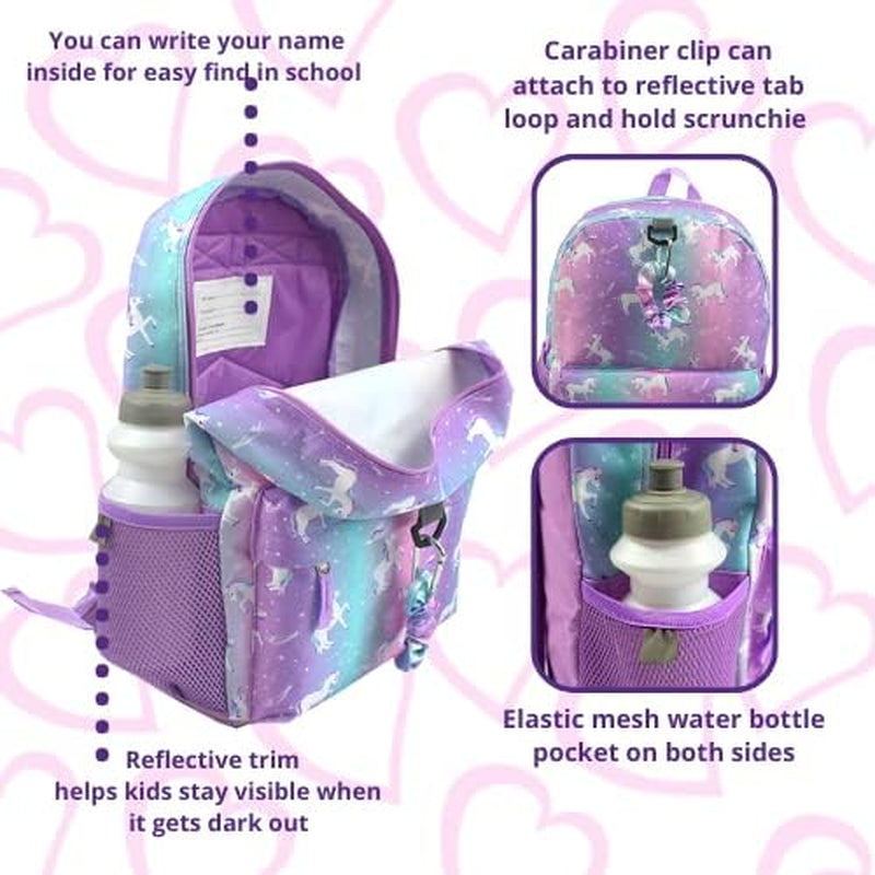 Unicorn Backpack Set for Girls, 16 Inch, 6 Pieces - Includes Foldable Lunch Bag, Water Bottle, Scrunchie, & Pencil Case