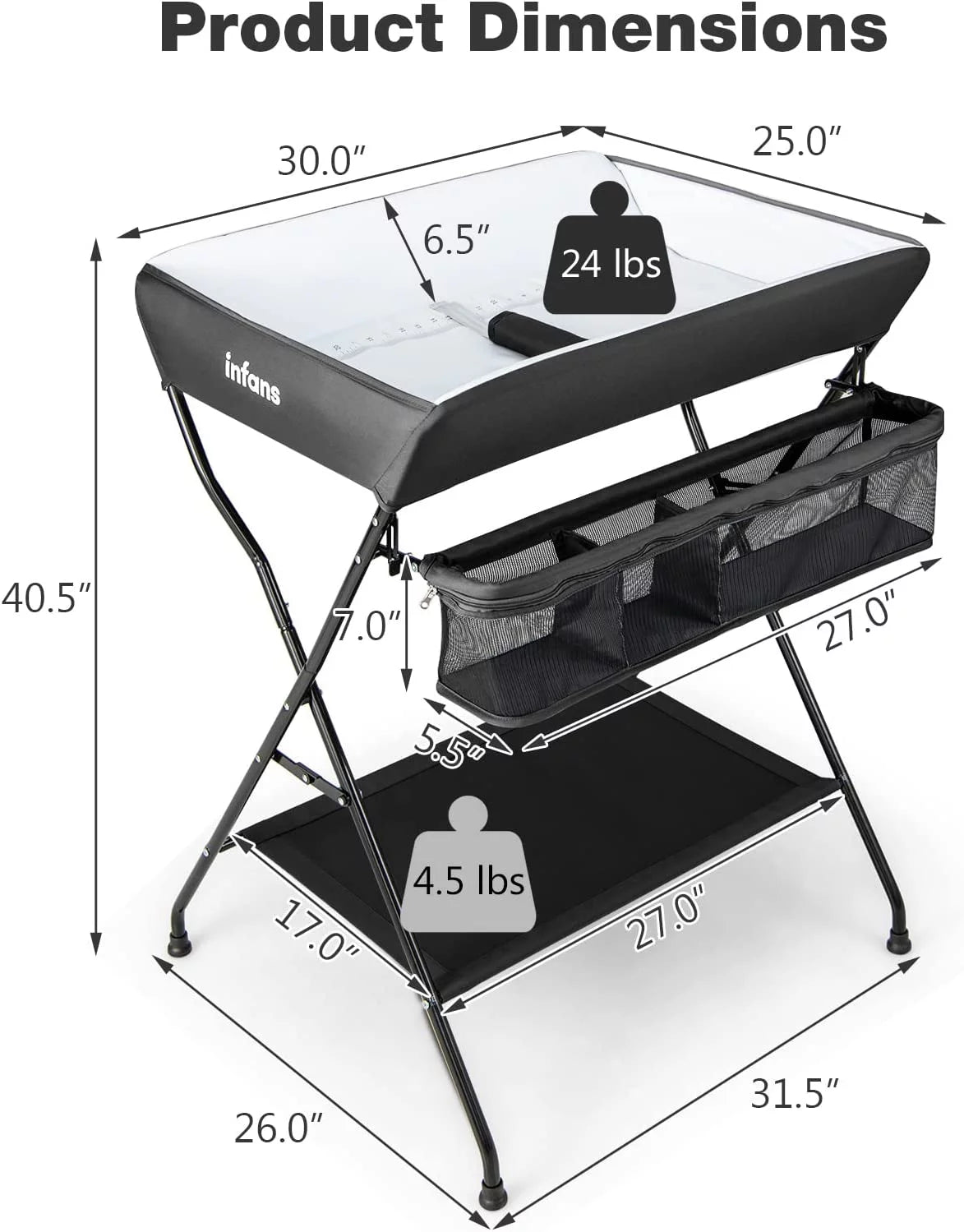 Baby Changing Table, Folding Diaper Station Portable Nursery Organizer with Safety Belt and Large Storage Racks for Newborn Baby and Infant (Black)